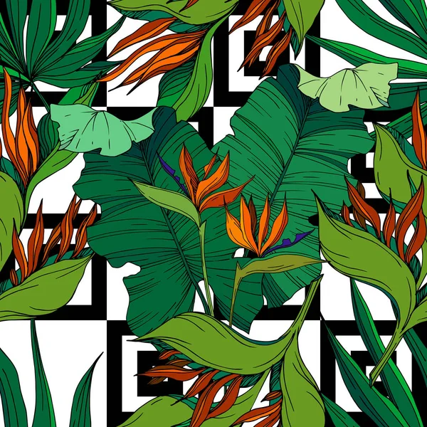 ベクトル熱帯植物の花。黒と白の刻まインクアート。シームレスな背景パターン. — ストックベクタ