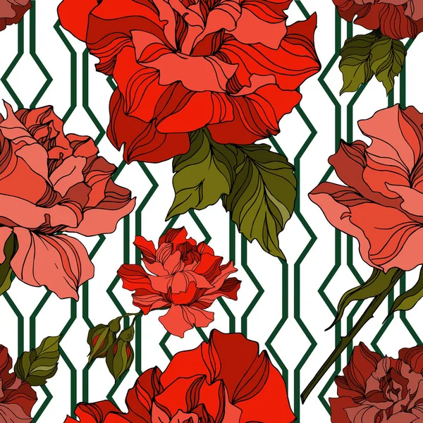 Цветочные ботанические цветы векторной розы. Черно-белый рисунок чернил. Бесшовный рисунок фона . — стоковый вектор