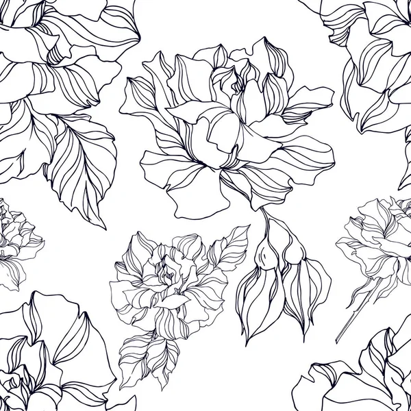 Διάνυσμα τριαντάφυλλο λουλούδια βοτανικό. Μαύρο και άσπρο χαραγμένο μελάνι τέχνης. Χωρίς ραφή μοτίβο φόντου. — Διανυσματικό Αρχείο