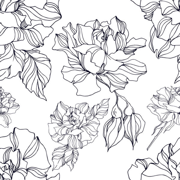 Vector Rose floral botanical flowers. Black and white engraved ink art. Seamless background pattern.