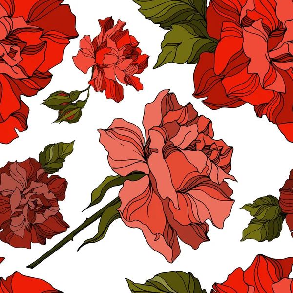 Vector roos bloemen botanische bloemen. Zwart-wit gegraveerde inktkunst. Naadloze achtergrond patroon. — Stockvector