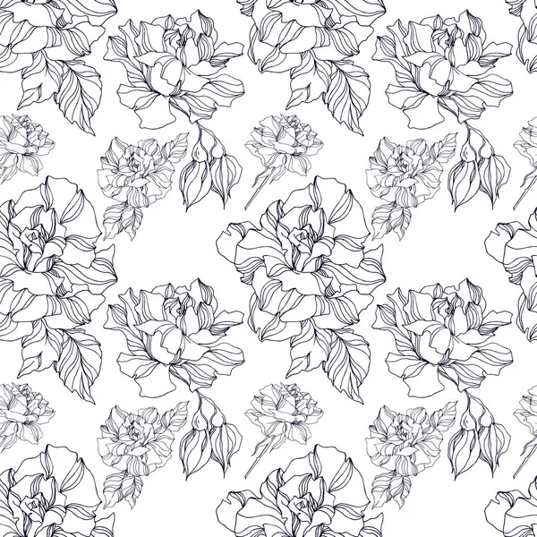 Vector Rose floral botanical flowers. Black and white engraved ink art. Seamless background pattern. — Stock Vector