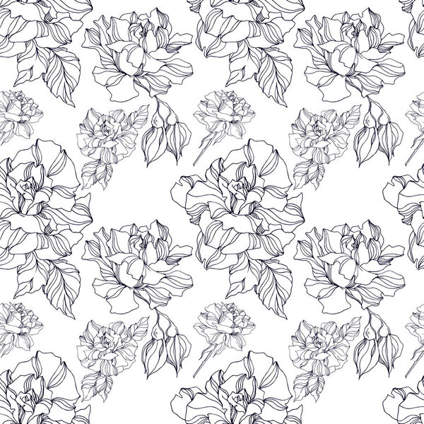 Vector Rose floral botanical flowers. Black and white engraved ink art. Seamless background pattern.