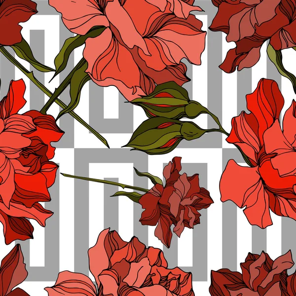 Vektorrose florale botanische Blumen. Schwarz-weiß gestochene Tuschekunst. nahtloses Hintergrundmuster. — Stockvektor