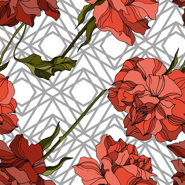 Vector Rose floral botanical flowers. Black and white engraved ink art. Seamless background pattern. — Stock Vector