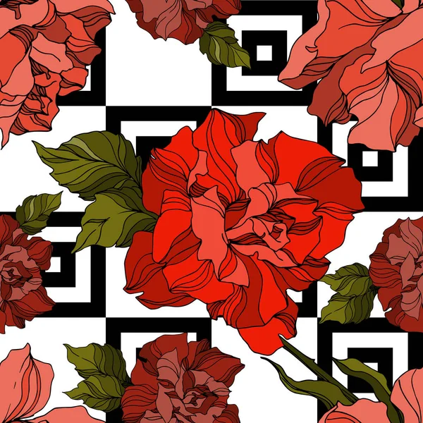 Fiori botanici floreali Vector Rose. Inchiostro inciso in bianco e nero art. Modello di sfondo senza soluzione di continuità . — Vettoriale Stock