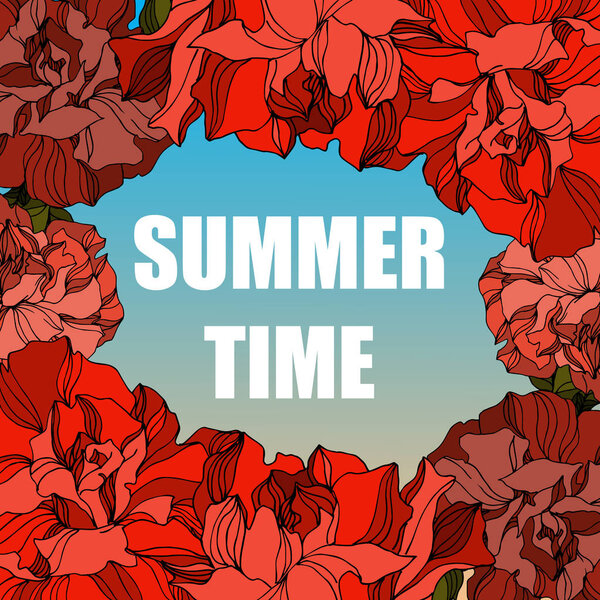 Vector Rose floral botanical flowers. Black and white engraved ink art. Frame border ornament square.