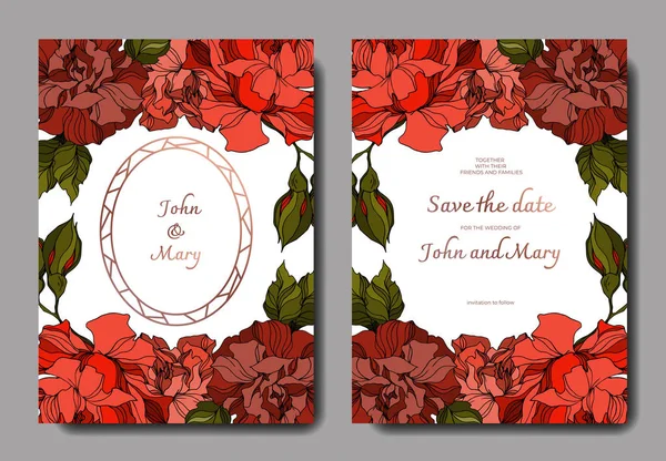 Διάνυσμα τριαντάφυλλο λουλούδια βοτανικό. Μαύρο και άσπρο χαραγμένο μελάνι τέχνης. Κάρτα φόντου γάμου διακοσμητικό όριο. — Διανυσματικό Αρχείο