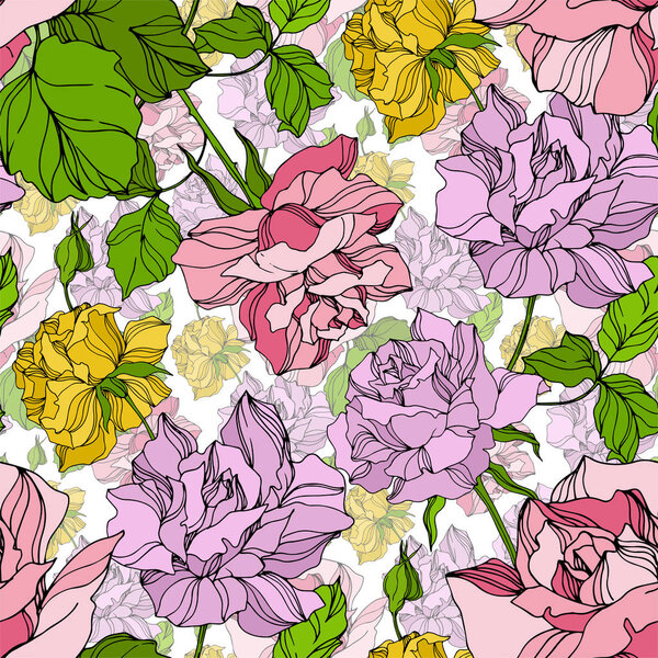 Vector Rose floral botanical flowers. Wild spring leaf wildflower. Engraved ink art. Seamless background pattern.
