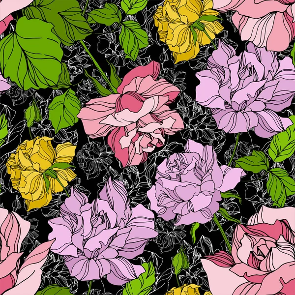 Vector Rose flores botánicas florales. Flor silvestre de hoja de primavera. Arte de tinta grabada. Patrón de fondo sin costuras . — Archivo Imágenes Vectoriales