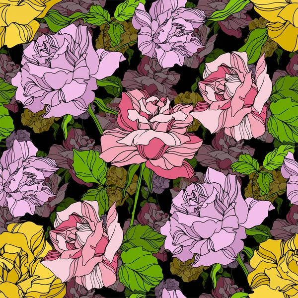 Vector Rose bloemen botanische bloemen. Wilde lenteblad wilde bloem. Gegraveerde inkt kunst. Naadloze achtergrond patroon. — Stockvector