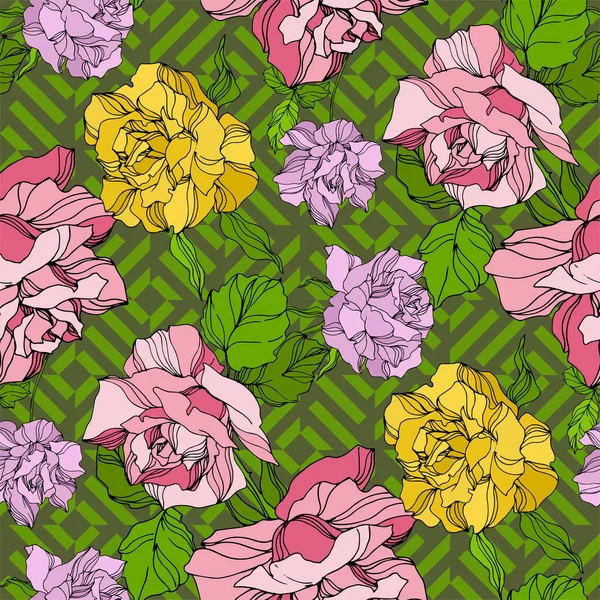 Vector Rose blommiga botaniska blommor. Vilda vårlöv vildblomma. Graverad bläckkonst. Sömlös bakgrund mönster. — Stock vektor