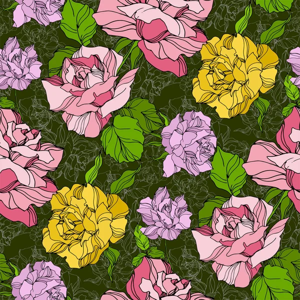 Vector Rose flores botánicas florales. Flor silvestre de hoja de primavera. Arte de tinta grabada. Patrón de fondo sin costuras . — Vector de stock