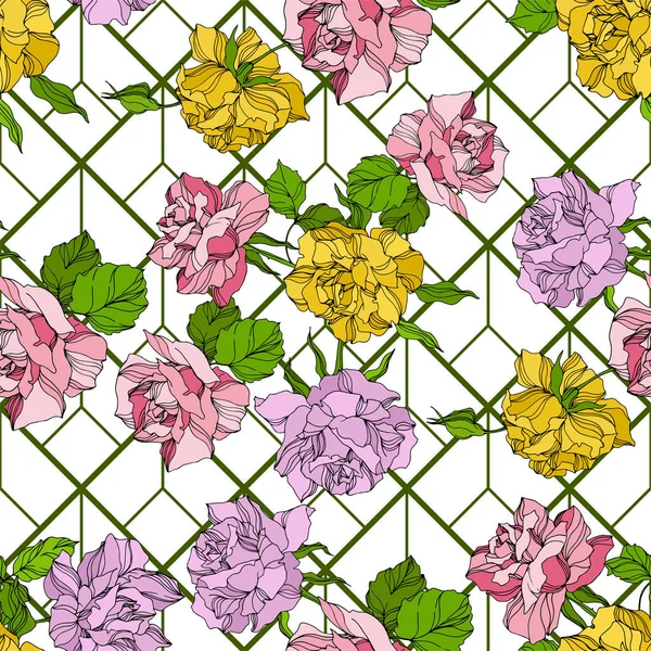 Vector Rose floral botanical flowers. Wild spring leaf wildflower. Engraved ink art. Seamless background pattern. — Stock Vector