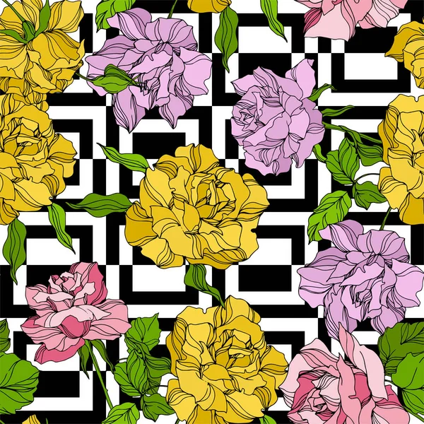 Vector Rose flores botânicas florais. Folha selvagem da primavera wildflower. Arte de tinta gravada. Padrão de fundo sem costura . —  Vetores de Stock