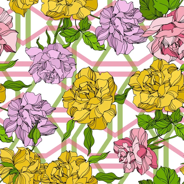 Vector Rose flores botânicas florais. Folha selvagem da primavera wildflower. Arte de tinta gravada. Padrão de fundo sem costura . — Vetor de Stock