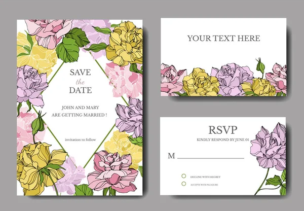 Vector Fleurs botaniques florales roses. Encre gravée. Carte de fond de mariage bordure décorative florale . — Image vectorielle
