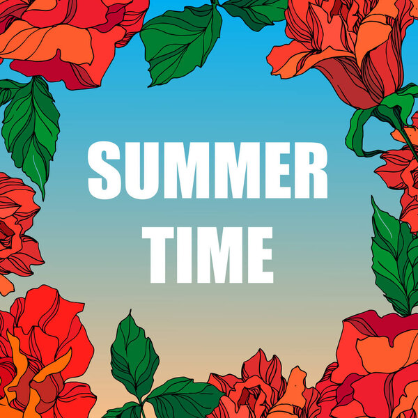 Vector Rose floral botanical flowers. Green ahd red engraved ink art. Frame border ornament square.