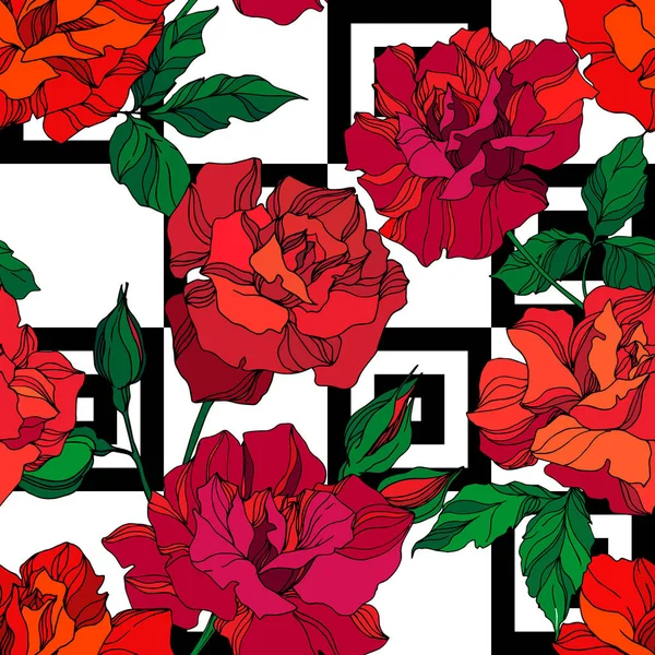 病媒玫瑰植物花。植物花。 绿色和红色雕刻油墨艺术。 无缝隙背景图. — 图库矢量图片