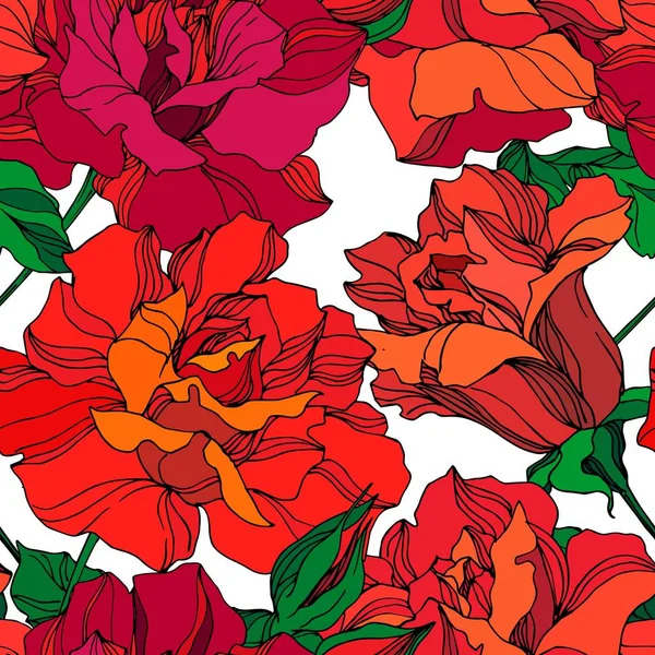 Vector Rose floral botanical flowers. Green and red engraved ink art. Seamless background pattern. — Stock Vector