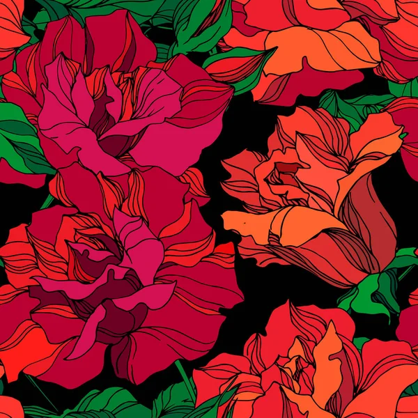 Vector Rose flores botânicas florais. Arte de tinta verde e vermelha gravada. Padrão de fundo sem costura . — Vetor de Stock