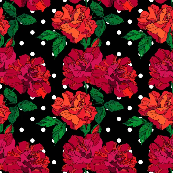 Vector Rose floral botanical flowers. Green and red engraved ink art. Seamless background pattern. — Stock Vector