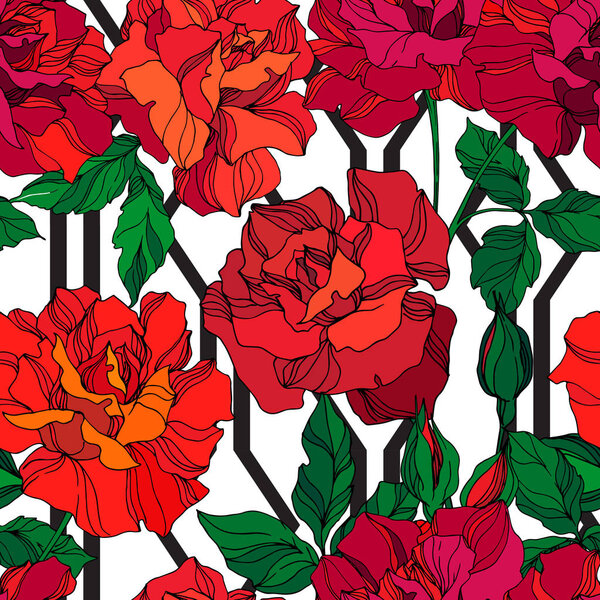 Vector Rose floral botanical flowers. Green and red engraved ink art. Seamless background pattern.