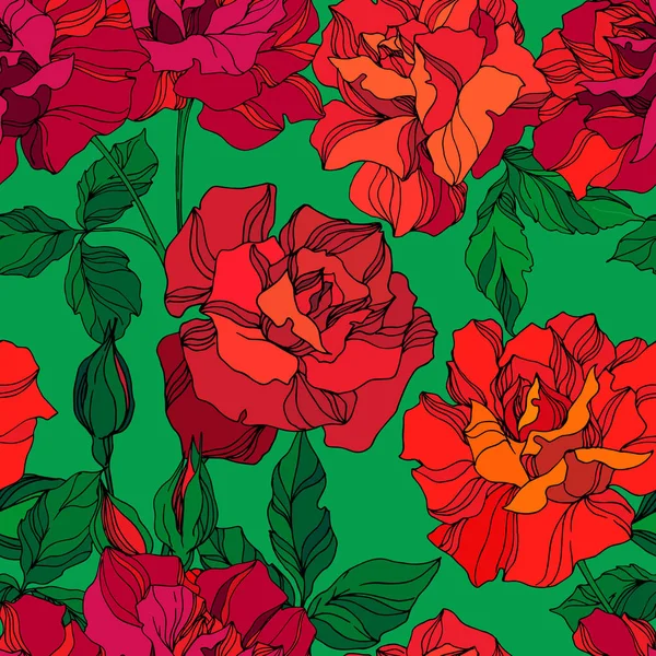 Vector Rose floral botanical flowers. Green and red engraved ink art. Seamless background pattern. — Stock Vector