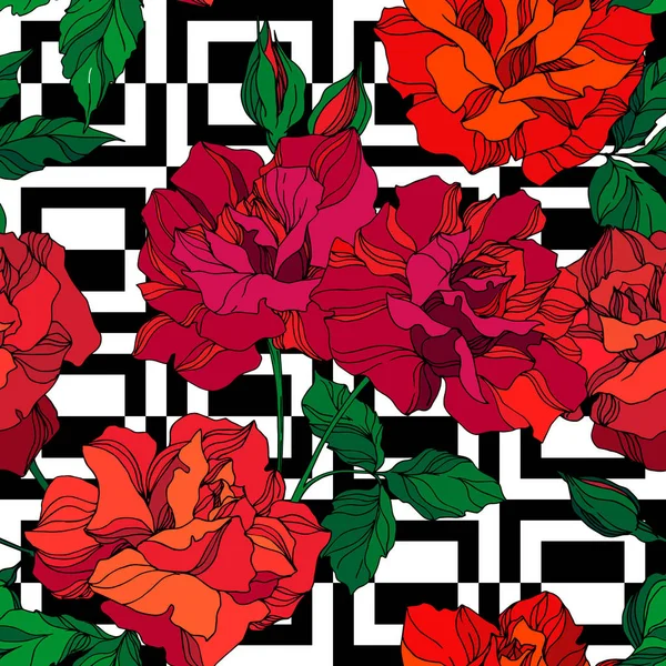 Vektor Rose virágos botanikai virágok. Zöld és piros vésett tinta művészet. Zökkenőmentes háttér minta. — Stock Vector