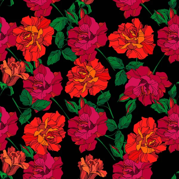 Διάνυσμα τριαντάφυλλο λουλούδια βοτανικό. Πράσινο και κόκκινο χαραγμένο μελάνι τέχνης. Χωρίς ραφή μοτίβο φόντου. — Διανυσματικό Αρχείο