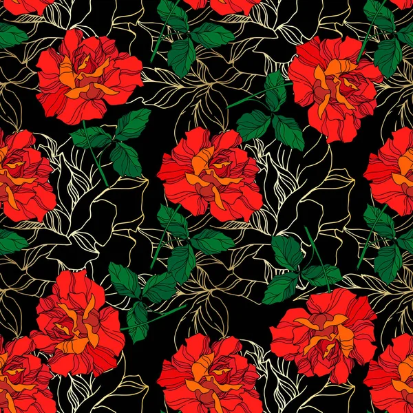 Vector Rose flores botânicas florais. Arte de tinta verde e vermelha gravada. Padrão de fundo sem costura . —  Vetores de Stock