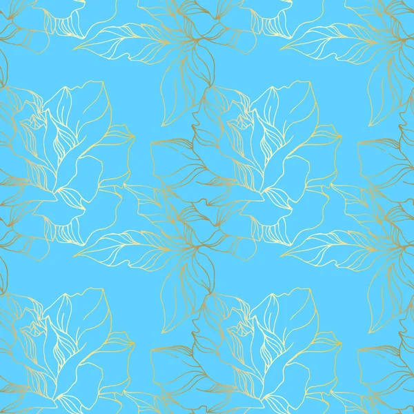 Vector Rose floral botanical flowers. Blue and gold engraved ink art. Seamless background pattern. — Stock Vector