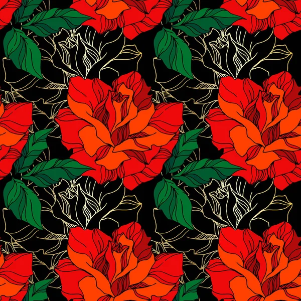 Vector Rose floral botanical flowers. Green and red engraved ink art. Seamless background pattern. — Stock Vector