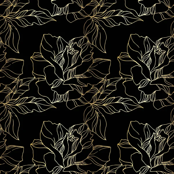 病媒玫瑰植物花。植物花。 黑色和金色雕刻油墨艺术。 无缝隙背景图. — 图库矢量图片