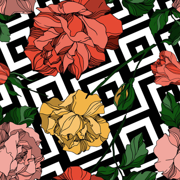 Vector Roses floral botanical flowers. Black and white engraved ink art. Seamless background pattern.