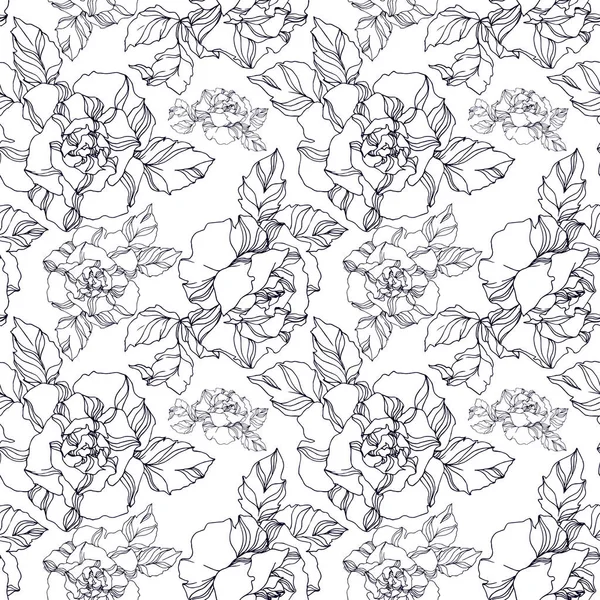 Vector Roses floral botanical flowers. Black and white engraved ink art. Seamless background pattern. — Stock Vector