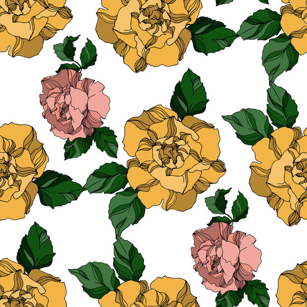 Vector Roses floral botanical flowers. Black and white engraved ink art. Seamless background pattern.