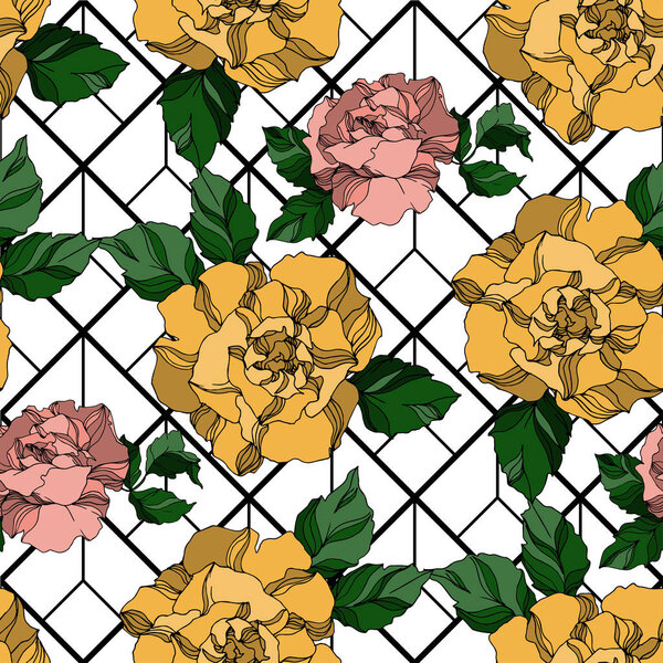 Vector Roses floral botanical flowers. Black and white engraved ink art. Seamless background pattern.