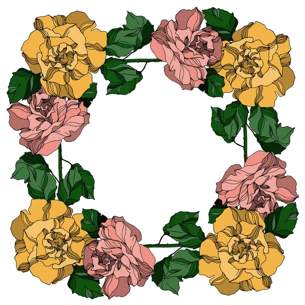 Vector rozen bloemen botanische bloemen. Zwart-wit gegraveerde inktkunst. Frame rand ornament vierkant. — Stockvector