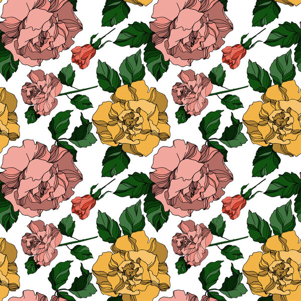 Vector Roses floral botanical flowers. Black and white engraved ink art. Seamless background pattern.