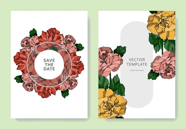 Vector Roses flores botánicas florales. Tinta grabada en blanco y negro. Boda tarjeta de fondo borde decorativo . — Vector de stock