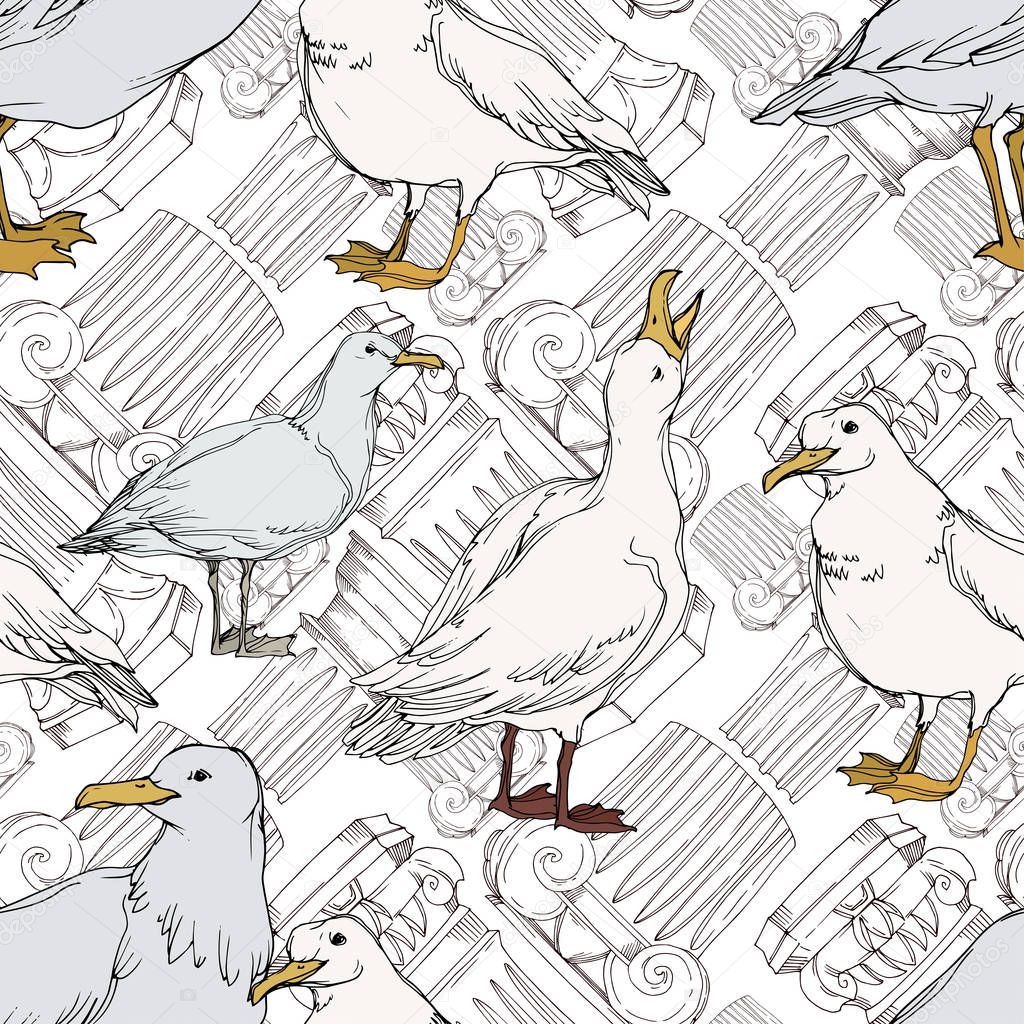 Vector Sky bird seagull in a wildlife. Black and white engraved ink art. Seamless background pattern.