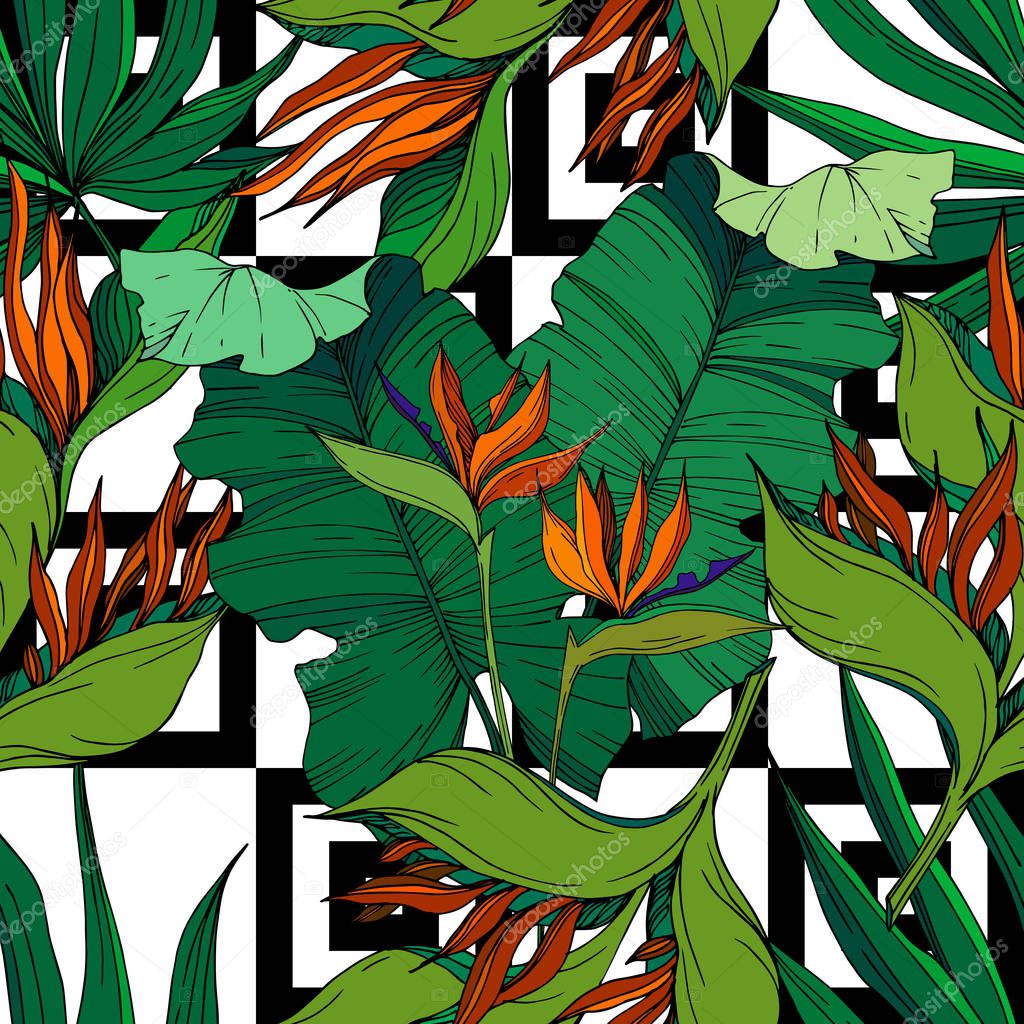 Vector Tropical floral botanical flowers. Black and white engraved ink art. Seamless background pattern.