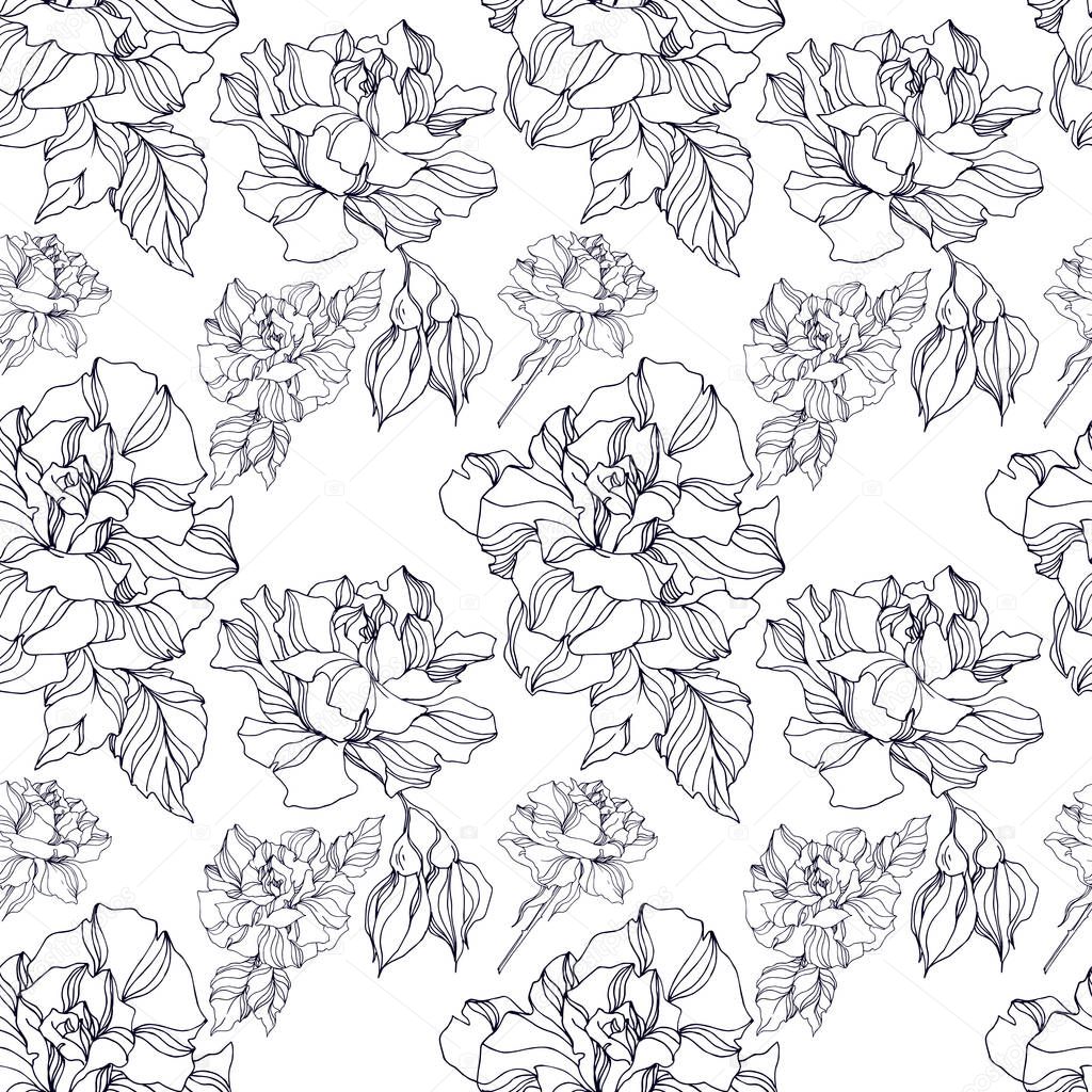 Vector Rose floral botanical flowers. Black and white engraved ink art. Seamless background pattern.