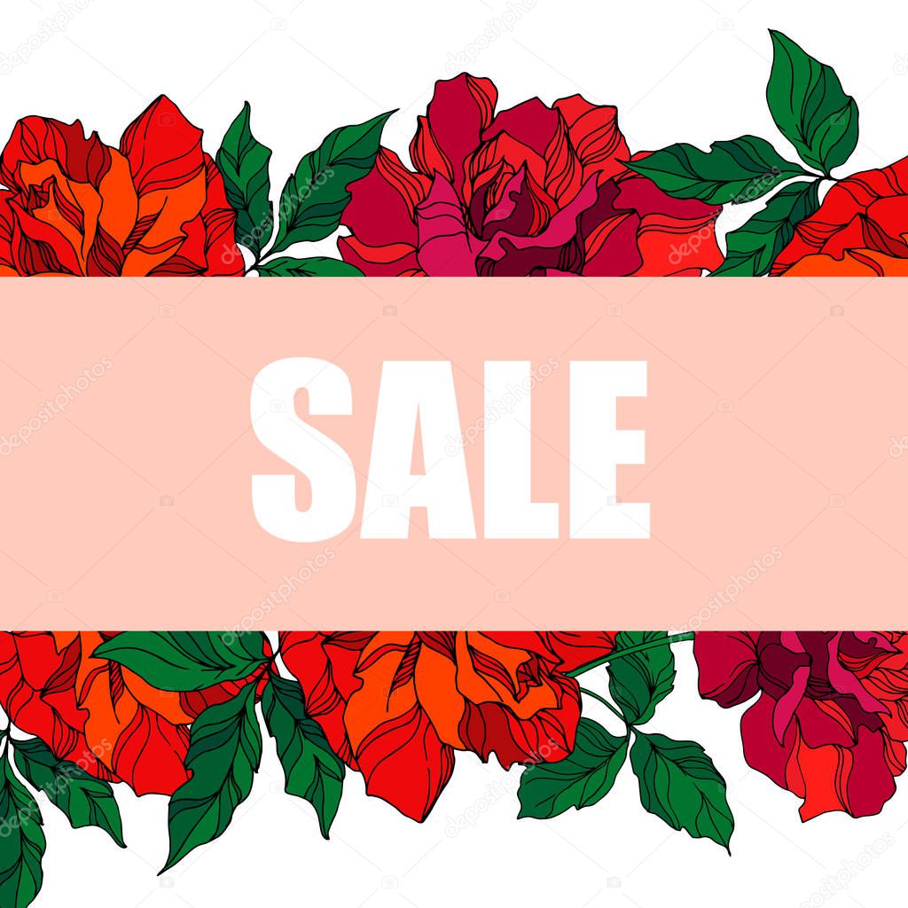Vector Rose floral botanical flower. Wild spring leaf wildflower isolated. Green ahd red engraved ink art. Frame border ornament square on white background.