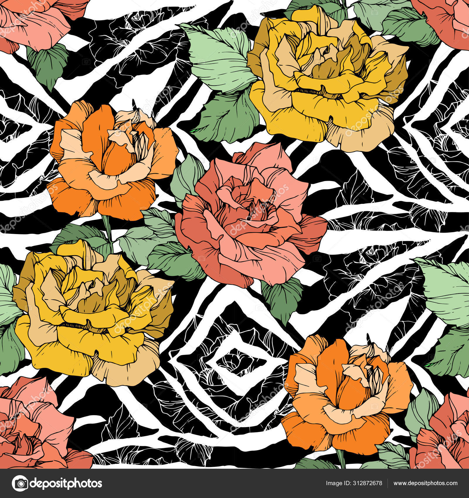 Vector Exotic Zebra print with botanical flowers. Black and white ...