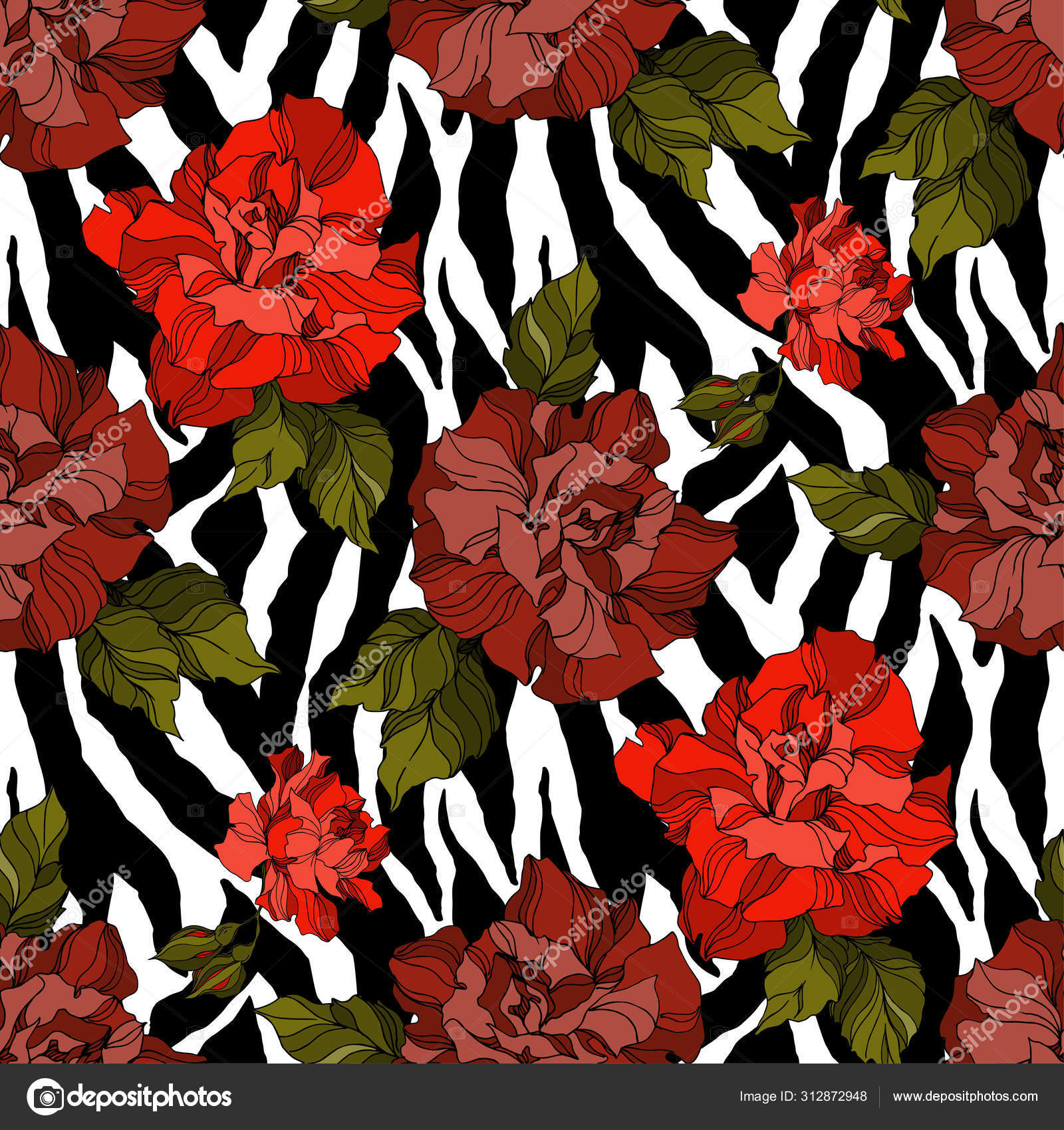Vector Exotic Zebra print with botanical flowers. Black and white