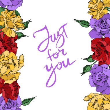 Vektör gül çiçekli botanik çiçekleri. Siyah beyaz işlemeli mürekkep sanatı. Çerçeve kenar süsü kare.