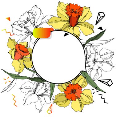 Vector Label tags set. Engraved ink art. Isolated sticker illustration element. Narcissus floral botanical flower. clipart