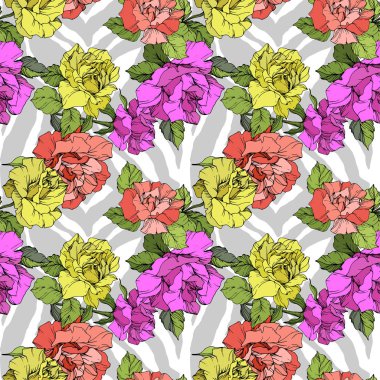 Botanik çiçekli Vektör Egzotik Zebra baskısı. Siyah beyaz işlemeli mürekkep sanatı. Kusursuz arkaplan deseni.